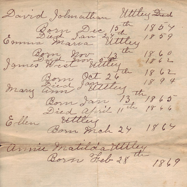 [Children of Jonathan Uttley and Matilda Girling]